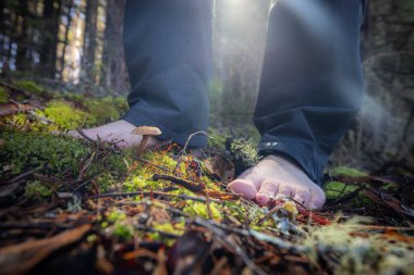 Yetişkin bir erkeğin ayaklarının çıplak ayakla ormanda yürümesi toprağa ayak uydurma ve dünyayla bağlantı kurma şeklidir..