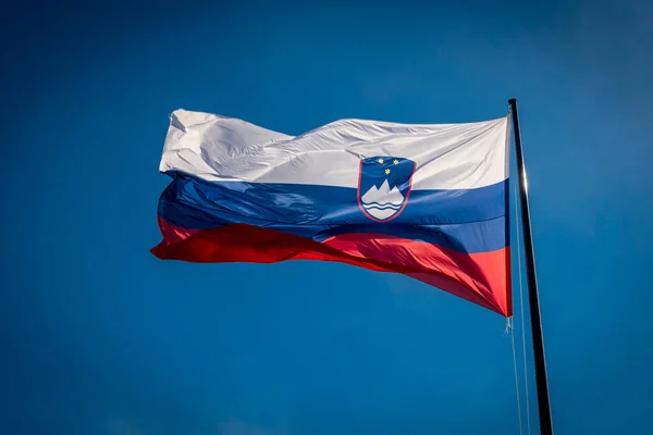 Bandeira Eslovena Agitando Contra Céu Azul Claro — Fotografia de Stock
