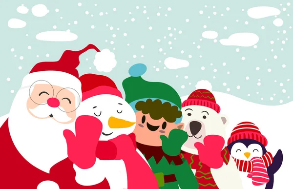 Bożonarodzeniowe Postacie Kreskówek Zabawny Sztandar Zestaw Szczęśliwych Znaków Świątecznych Słodkie — Wektor stockowy