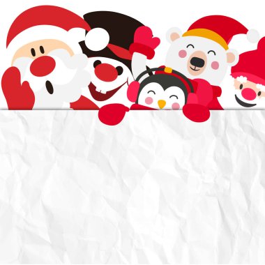 Noel kartı. Mutlu Noeller ve bir grup sevimli Noel karakteriyle mutlu yıllar, beyaz fotokopi alanı olan çizgi noel baba karakterinin vektör çizimi.. 