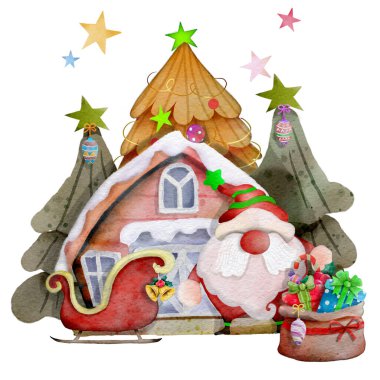 Noel sahneleri, Mutlu Noeller ve kış tatilleri için mutlu yeni yıl illüstrasyonları, Noel Baba 'yla eğlenceli bir sahnede Suluboya Mutlu Noeller illüstrasyonu, Noel tebrik kartları. Kış yeni yıl tasarımı