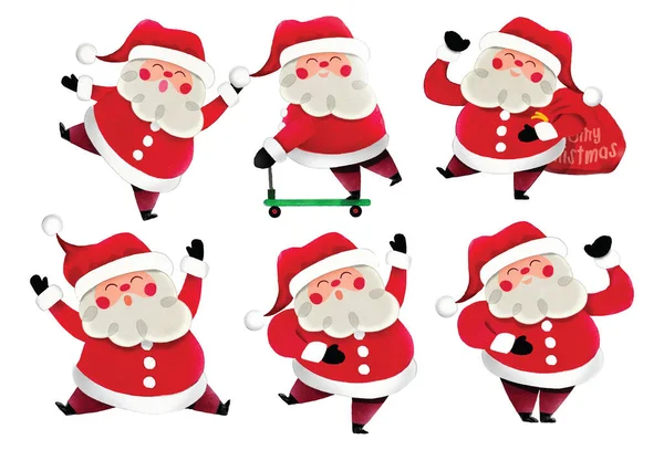 Samling Tecknade Julbilder Jultomten Rolig Glad Pose Hålla Gåva Och — Stock vektor