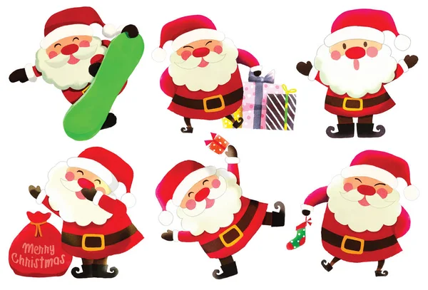Samling Tecknade Julbilder Jultomten Rolig Glad Pose Hålla Gåva Och — Stock vektor
