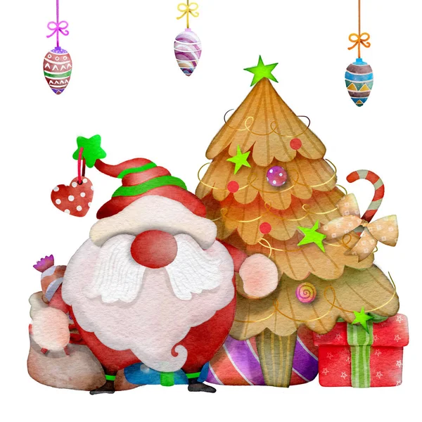 クリスマスシーン メリークリスマスと冬の休日のための幸せな新年のイラスト 楽しいシーンでサンタクロースと水彩メリークリスマスイラスト クリスマスお祝いカード 冬の新年のデザイン — ストックベクタ