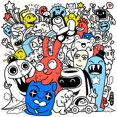 Bir karalama sevimli canavar arkaplanının vektör çizimi, vektör grafik yazılımı kullanılarak oluşturulan, çizgi film karakteri, el çizimi, sevimli bir tarzda, oyuncu ve kaprisli bir hisle yaratılan bir görüntüdür. Resim bir arkaplan olarak kullanılabilir