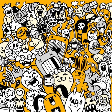 Bir karalama sevimli canavar arkaplanının vektör çizimi, vektör grafik yazılımı kullanılarak oluşturulan, çizgi film karakteri, el çizimi, sevimli bir tarzda, oyuncu ve kaprisli bir hisle yaratılan bir görüntüdür. Resim bir arkaplan olarak kullanılabilir