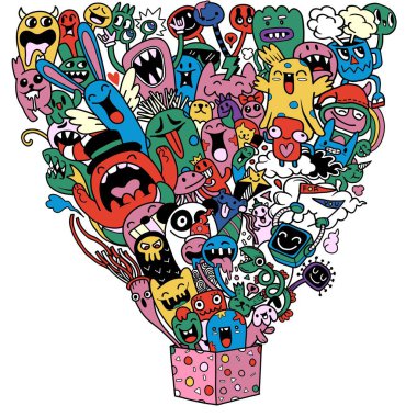 Bir karalama sevimli canavar arkaplanının vektör çizimi, vektör grafik yazılımı kullanılarak oluşturulan, çizgi film karakteri, el çizimi, sevimli bir tarzda, oyuncu ve kaprisli bir hisle yaratılan bir görüntüdür. Resim bir arkaplan olarak kullanılabilir