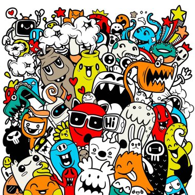 Bir karalama sevimli canavar arkaplanının vektör çizimi, vektör grafik yazılımı kullanılarak oluşturulan, çizgi film karakteri, el çizimi, sevimli bir tarzda, oyuncu ve kaprisli bir hisle yaratılan bir görüntüdür. Resim bir arkaplan olarak kullanılabilir