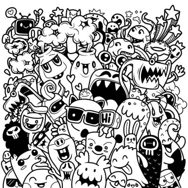 Bir karalama sevimli canavar arkaplanının vektör çizimi, vektör grafik yazılımı kullanılarak oluşturulan, çizgi film karakteri, el çizimi, sevimli bir tarzda, oyuncu ve kaprisli bir hisle yaratılan bir görüntüdür. Resim bir arkaplan olarak kullanılabilir