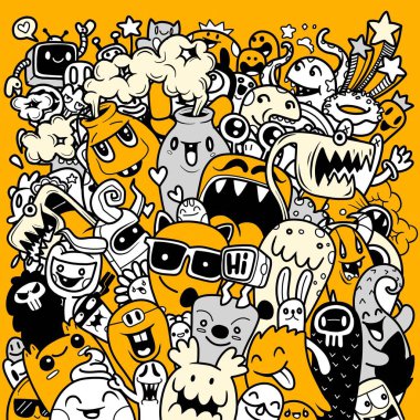 Bir karalama sevimli canavar arkaplanının vektör çizimi, vektör grafik yazılımı kullanılarak oluşturulan, çizgi film karakteri, el çizimi, sevimli bir tarzda, oyuncu ve kaprisli bir hisle yaratılan bir görüntüdür. Resim bir arkaplan olarak kullanılabilir