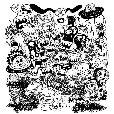 Bir karalama sevimli canavar arkaplanının vektör çizimi, vektör grafik yazılımı kullanılarak oluşturulan, çizgi film karakteri, el çizimi, sevimli bir tarzda, oyuncu ve kaprisli bir hisle yaratılan bir görüntüdür. Resim bir arkaplan olarak kullanılabilir