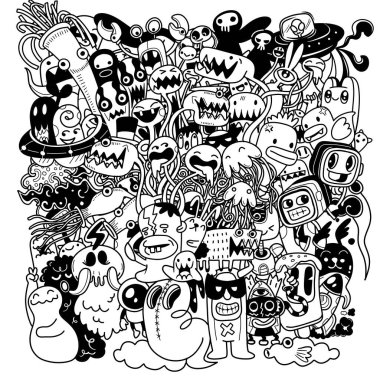 Bir karalama sevimli canavar arkaplanının vektör çizimi, vektör grafik yazılımı kullanılarak oluşturulan, çizgi film karakteri, el çizimi, sevimli bir tarzda, oyuncu ve kaprisli bir hisle yaratılan bir görüntüdür. Resim bir arkaplan olarak kullanılabilir