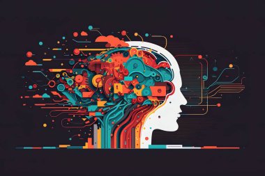  2D flat illustration, AI, analysis, AI, automation, big data, brain, business, cg, cloud computing, communication, computer graphics, concept, creative, cyber, deep learning, digital transformation , Trendy vector style ,Flat vector illustration.