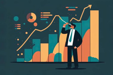 2d flat illustration of a businessman drawing a growth graph and analyzing financial and investment data, business planning and strategy , Trendy vector style ,Flat vector illustration.