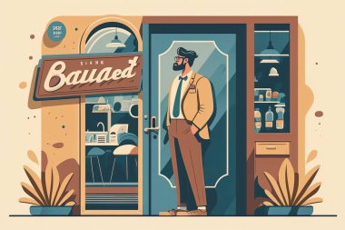  2D flat illustration,A young businessman stands in front of a coffee shop. Leisure Lifestyle Illustration , Trendy vector style ,Flat vector illustration.