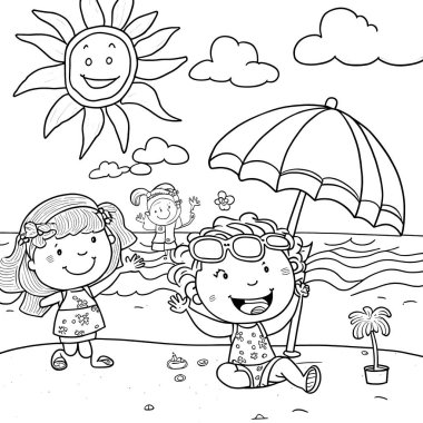 Black and white coloring pages for kids, simple lines, cartoon style, happy, cute, funny, many things in the world