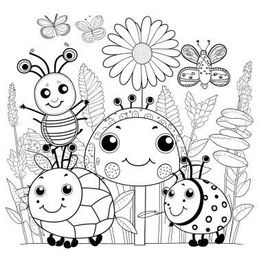 Black and white coloring pages for kids, simple lines, cartoon style, happy, cute, funny, many things in the world