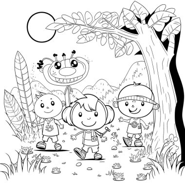 Black and white coloring pages for kids, simple lines, cartoon style, happy, cute, funny, many things in the world