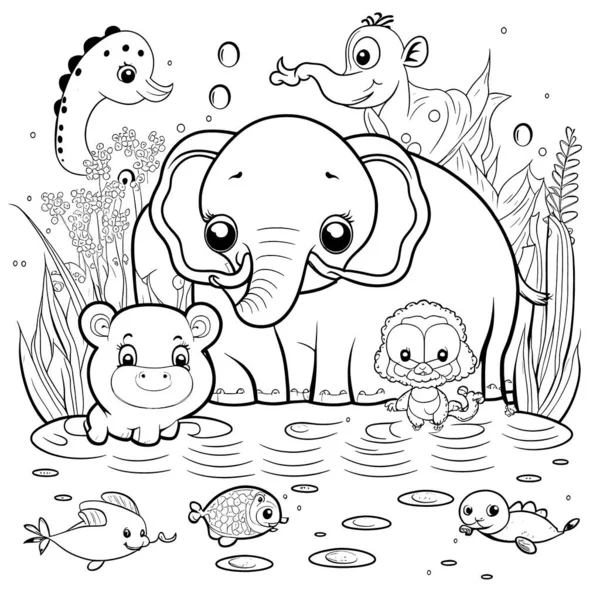Black White Coloring Pages Kids Simple Lines Cartoon Style Happy — Stock fotografie