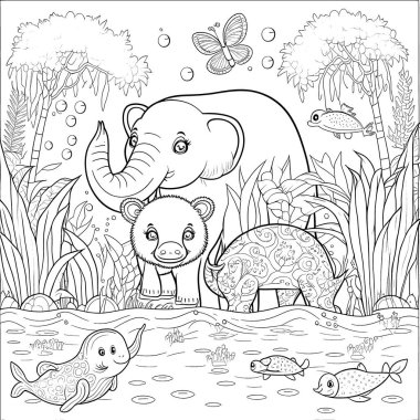 Black and white coloring pages for kids, simple lines, cartoon style, happy, cute, funny, many things in the world