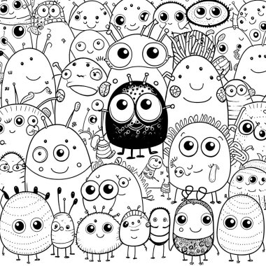 Black and white coloring pages for kids, simple lines, cartoon style, happy, cute, funny, many things in the world