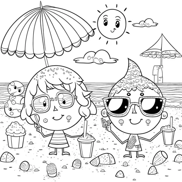 Black White Coloring Pages Kids Simple Lines Cartoon Style Happy — Foto Stock