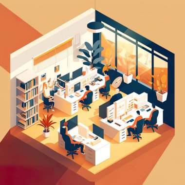 Daire Tasarımında Isometric, soyut ofis zemin içişleri konsepti, İş Akımı için Vektör İllüstrasyonları, Ar-Ge ve Pazarlama materyali, yoğun bir ofis ortamı tasvir edilmesi.