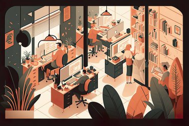 Daire Tasarımında Isometric, soyut ofis zemin içişleri konsepti, İş Akımı için Vektör İllüstrasyonları, Ar-Ge ve Pazarlama materyali, yoğun bir ofis ortamı tasvir edilmesi.