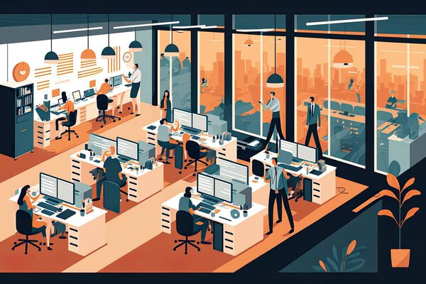 Set of Isometric in Flat Design, abstract office floor interior departments concept , Vector Illustrations for Business Workflow, R&D, and Marketing Material, depicting a busy office environment.