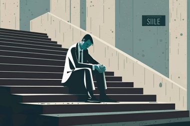  2D düz çizim, depresif ve yorgun işadamı kentteki merdivenlerde oturuyor, Trendy vektör stili, düz vektör çizimi