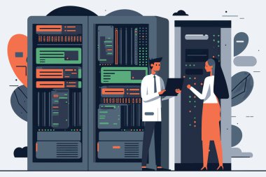 2D düz çizim, erkek bilişim uzmanı dizüstü bilgisayarı tutuyor ve kadın sunucu teknisyeniyle iş hakkında konuşuyor. Veri merkezindeler, ve raf sunucu dolabı açık, düz dizayn vektör illüstrasyonu