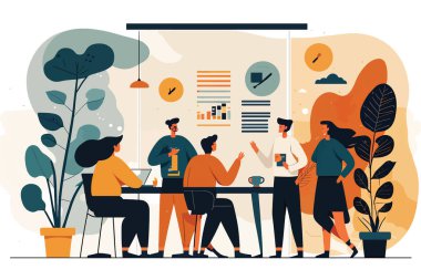 2D düz resimde bir grup işadamı birlikte çalışma alanında resmediliyor. Çizim, açık renkli arka plan ve basit geometrik şekillere sahip modern ve minimalist. Adam masalarda ve masalarda oturuyor, dizüstü bilgisayarlarla çalışıyor.