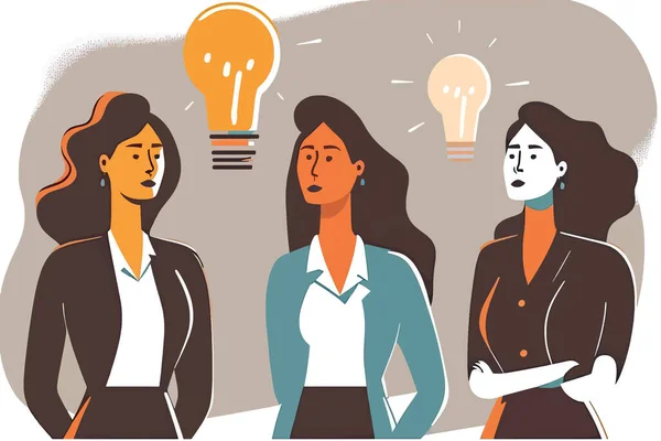 2D平図 アイデアを共有し お互いに相談する成功したビジネス女性のグループ フラットデザイン この図は アイデアを共有し 相談を提供するために一緒に収集された成功したビジネス女性のグループを備えています — ストックベクタ