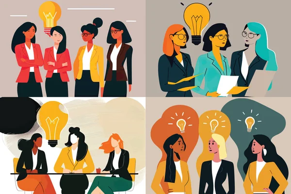Επίπεδη Απεικόνιση Μια Ομάδα Επιτυχημένων Επιχειρηματιών Που Μοιράζονται Τις Ιδέες — Διανυσματικό Αρχείο