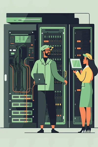 2次元フラットイラスト 男性Itスペシャリストは ラップトップを保持し 仕事についての女性サーバー技術者と話をします 彼らはデータセンターにあり ラックサーバーキャビネットは開いているフラットデザインベクトルイラスト — ストックベクタ