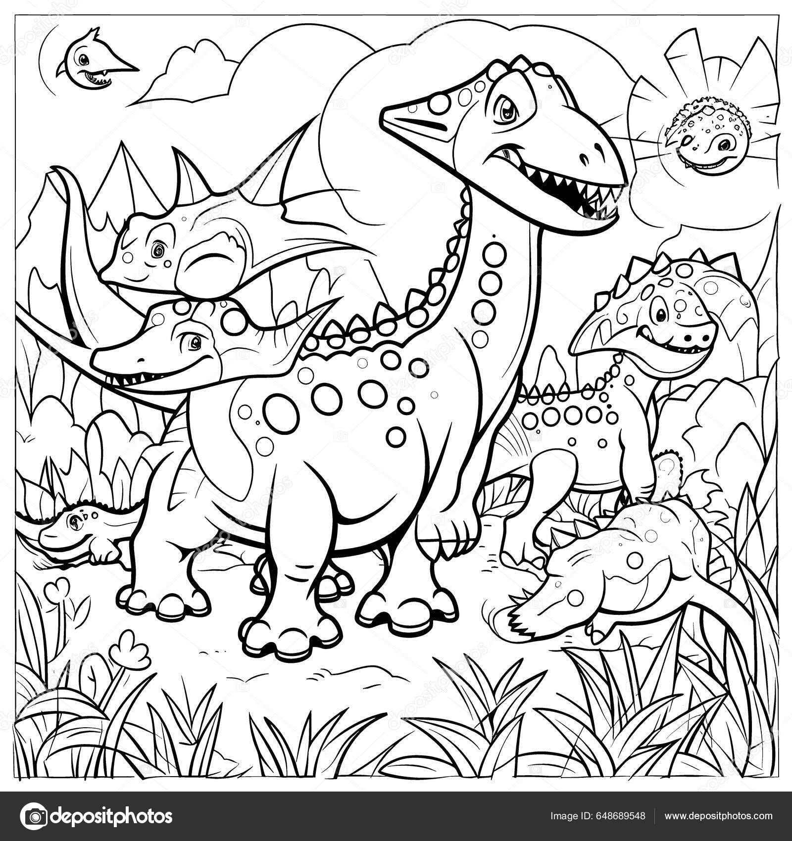 Dinossauros Páginas Colorir Preto Branco Para Crianças Linhas Simples  Estilo imagem vetorial de 9george© 648689548