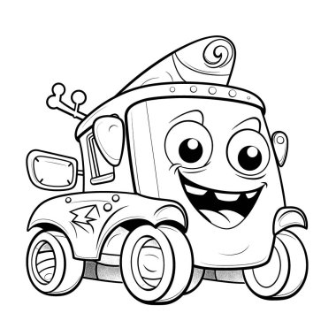 Araç, çocuklar için siyah ve beyaz renkli sayfalar, basit satırlar, çizgi film tarzı, mutlu, sevimli, komik, dünyada pek çok şey..