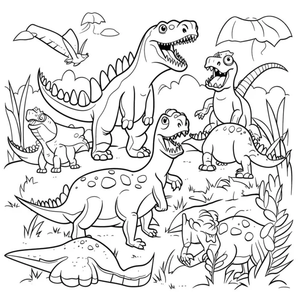Dinossauros Páginas Colorir Preto Branco Para Crianças Linhas Simples Estilo — Vetor de Stock