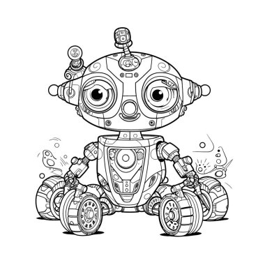 Robot, çocuklar için siyah-beyaz renkli sayfalar, basit satırlar, çizgi film tarzı, mutlu, sevimli, komik, dünyada pek çok şey..