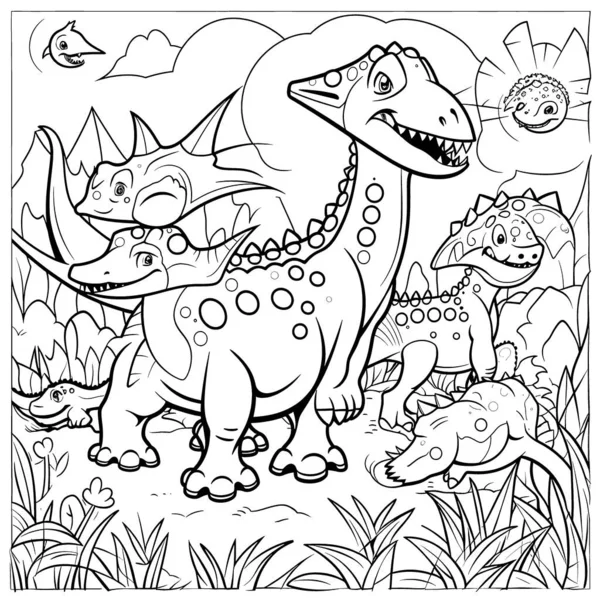Dinozaury Czarno Białe Kolorowanki Dla Dzieci Proste Linie Kreskówki Szczęśliwy — Wektor stockowy