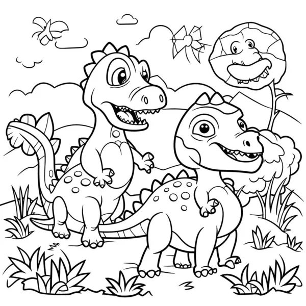 Dinosauři Černobílé Zbarvení Stránky Pro Děti Jednoduché Linky Kreslený Styl — Stockový vektor