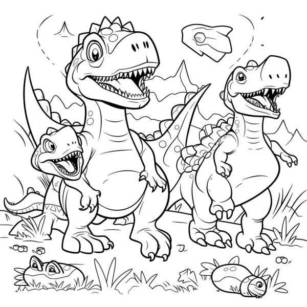 Dinosauři Černobílé Zbarvení Stránky Pro Děti Jednoduché Linky Kreslený Styl — Stockový vektor