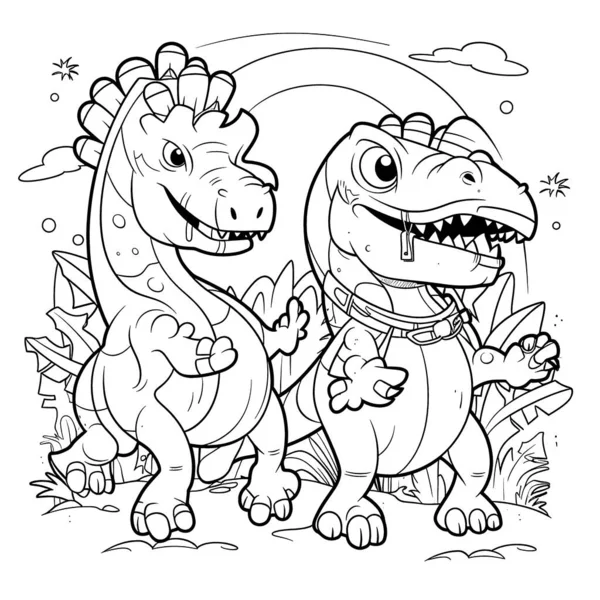 Dinosaurs Black White Coloring Pages Kids Simple Lines Cartoon Style — Stock Vector