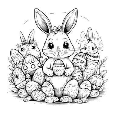 Paskalya temalı tasarımlarla çevrili siyah beyaz bir kitap sayfasında sevimli bir tavşan. Tavşanın kocaman bir gülümsemesi ve çizgi film gibi özellikleri var. Bu da onu sevimli yapıyor. Resim beyaz bir arkaplanda izole edilmiş ve canlı renklerle renklendirilmeye hazır.