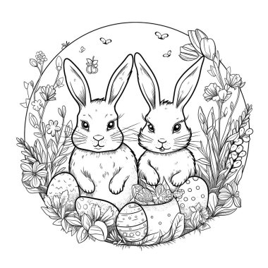 Paskalya temalı tasarımlarla çevrili siyah beyaz bir kitap sayfasında sevimli bir tavşan. Tavşanın kocaman bir gülümsemesi ve çizgi film gibi özellikleri var. Bu da onu sevimli yapıyor. Resim beyaz bir arkaplanda izole edilmiş ve canlı renklerle renklendirilmeye hazır.