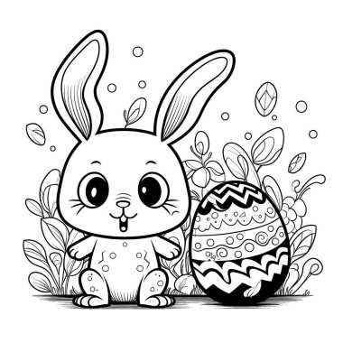 Paskalya temalı tasarımlarla çevrili siyah beyaz bir kitap sayfasında sevimli bir tavşan. Tavşanın kocaman bir gülümsemesi ve çizgi film gibi özellikleri var. Bu da onu sevimli yapıyor. Resim beyaz bir arkaplanda izole edilmiş ve canlı renklerle renklendirilmeye hazır.