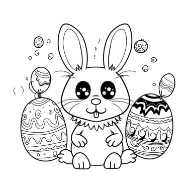 Paskalya temalı tasarımlarla çevrili siyah beyaz bir kitap sayfasında sevimli bir tavşan. Tavşanın kocaman bir gülümsemesi ve çizgi film gibi özellikleri var. Bu da onu sevimli yapıyor. Resim beyaz bir arkaplanda izole edilmiş ve canlı renklerle renklendirilmeye hazır.