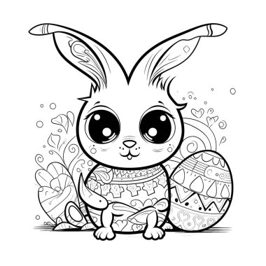 Paskalya temalı tasarımlarla çevrili siyah beyaz bir kitap sayfasında sevimli bir tavşan. Tavşanın kocaman bir gülümsemesi ve çizgi film gibi özellikleri var. Bu da onu sevimli yapıyor. Resim beyaz bir arkaplanda izole edilmiş ve canlı renklerle renklendirilmeye hazır.