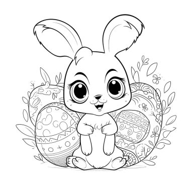 Paskalya temalı tasarımlarla çevrili siyah beyaz bir kitap sayfasında sevimli bir tavşan. Tavşanın kocaman bir gülümsemesi ve çizgi film gibi özellikleri var. Bu da onu sevimli yapıyor. Resim beyaz bir arkaplanda izole edilmiş ve canlı renklerle renklendirilmeye hazır.