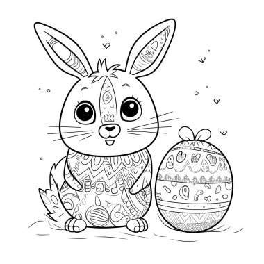 Paskalya temalı tasarımlarla çevrili siyah beyaz bir kitap sayfasında sevimli bir tavşan. Tavşanın kocaman bir gülümsemesi ve çizgi film gibi özellikleri var. Bu da onu sevimli yapıyor. Resim beyaz bir arkaplanda izole edilmiş ve canlı renklerle renklendirilmeye hazır.